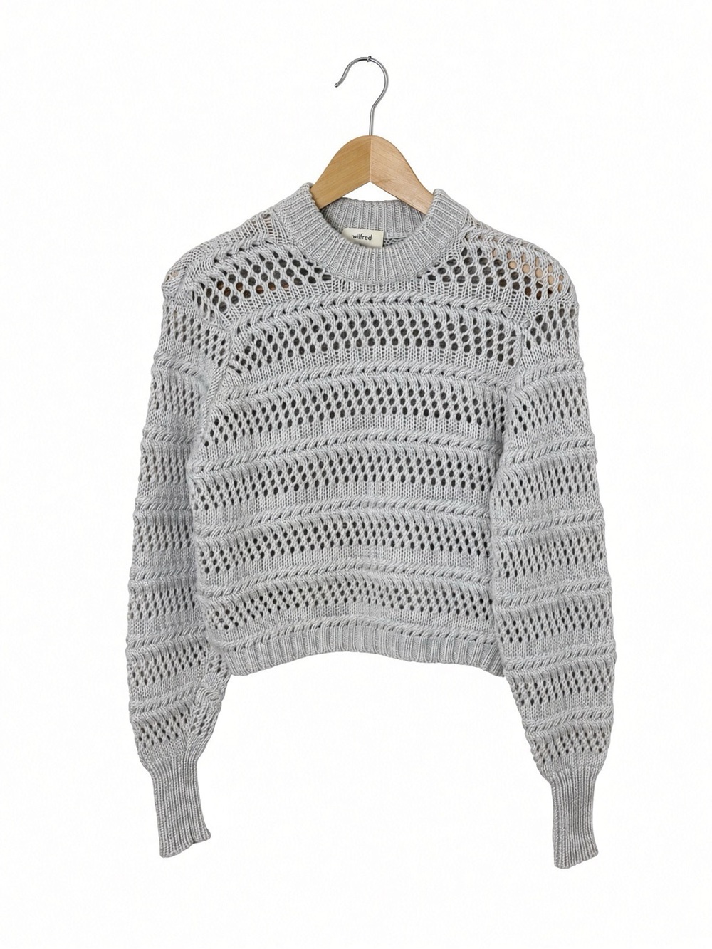 Aritzia Wilfred Merino Wool Open Knit Crew Neck Cropped Sweater XXS Gray